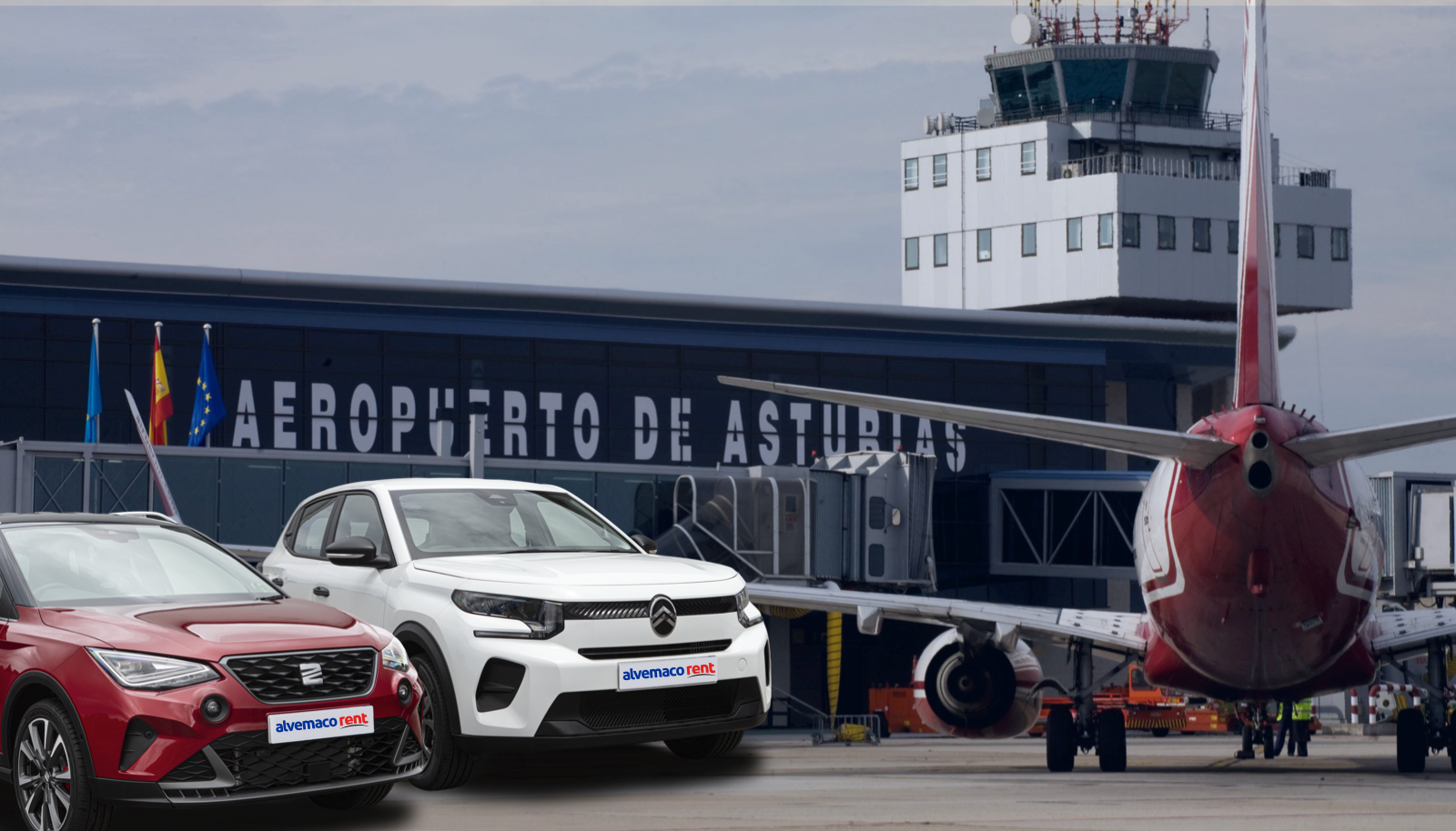 Imagen de cabecera de la guía completa para alquilar un coche en el aeropuerto de asturias del servicio de alquiler de coches en asturias alvemaco rent en el que se muestran dos coches de alquiler con fondo el aeropuerto de asturias